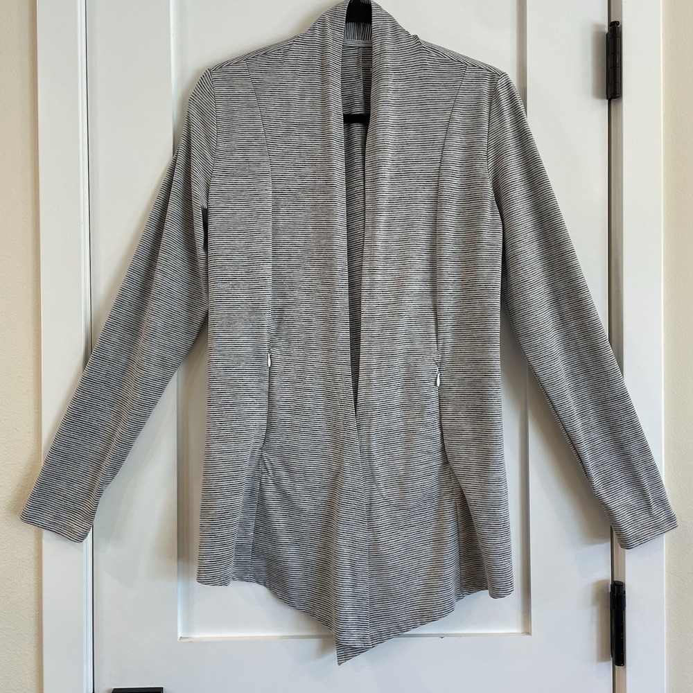 Market & Spruce Open Front Cardigan Sweater Top M Striped Gray Black White Comfy